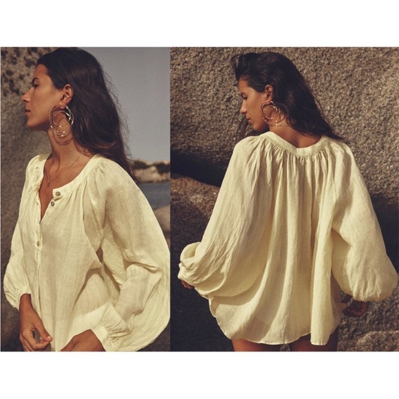 ZARA Boho Relaxed 100% Ramie Linen Balloon Sleeves Popover Yellow Top Size S - Picture 1 of 13